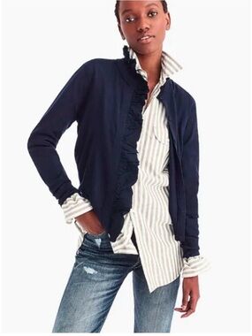 J Crew Navy Ruffle-Trim Cardigan